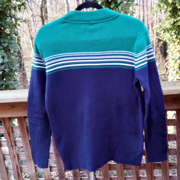 Appleseeds100%Cotton KellyGreen MockNeck White Stripes Navy Torso & Sleeves SzL - Picture 5 of 7